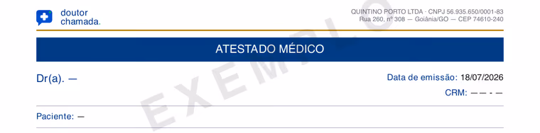 Topo do atestado: letterhead Doutor Chamada, título ATESTADO MÉDICO, campos de médico, CRM e paciente