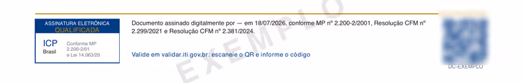 Rodapé do atestado: selo de assinatura eletrônica qualificada ICP-Brasil e QR code de validação