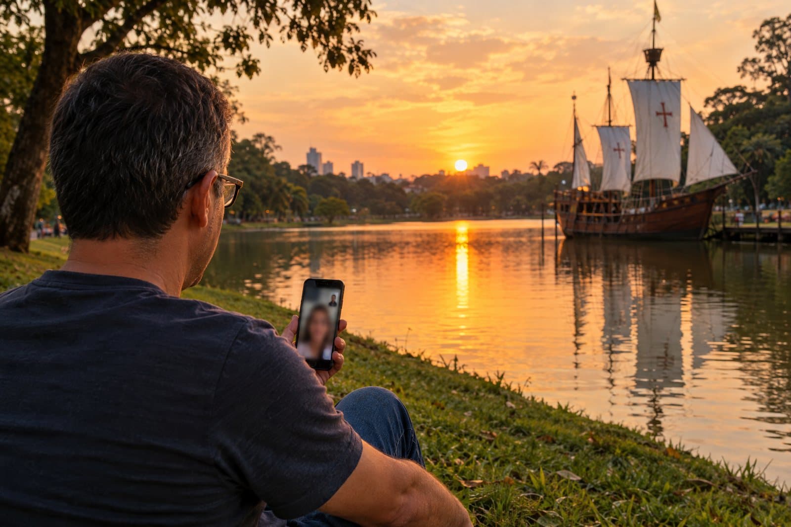 Pessoa em videochamada pelo celular na Lagoa do Taquaral, em Campinas, com a caravela ao fundo, no pôr do sol
