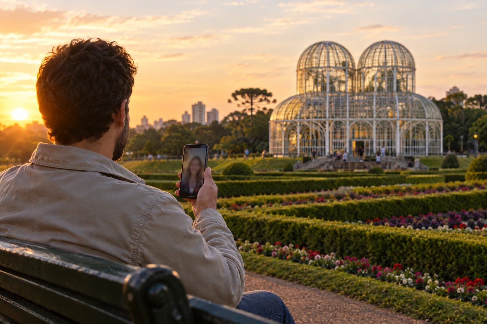 Pessoa em videochamada pelo celular num banco do Jardim Botânico de Curitiba, com a estufa de vidro ao fundo, no fim da tarde