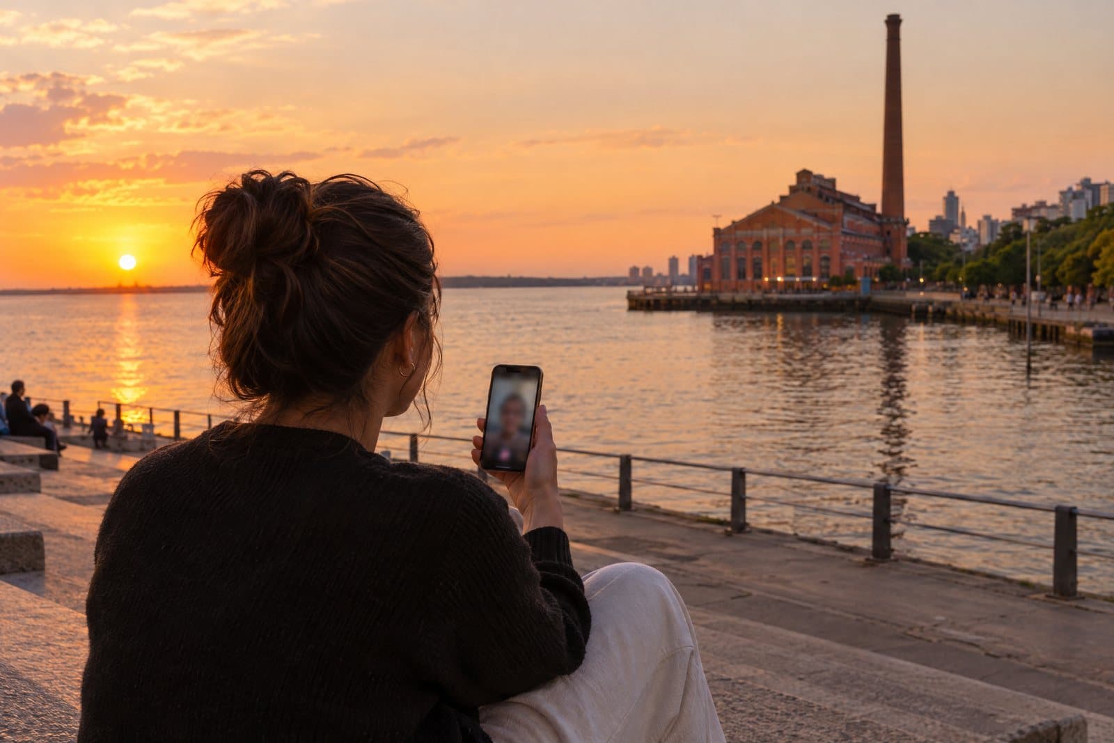 Pessoa em videochamada pelo celular na Orla do Guaíba, em Porto Alegre, com a Usina do Gasômetro ao fundo, no fim da tarde