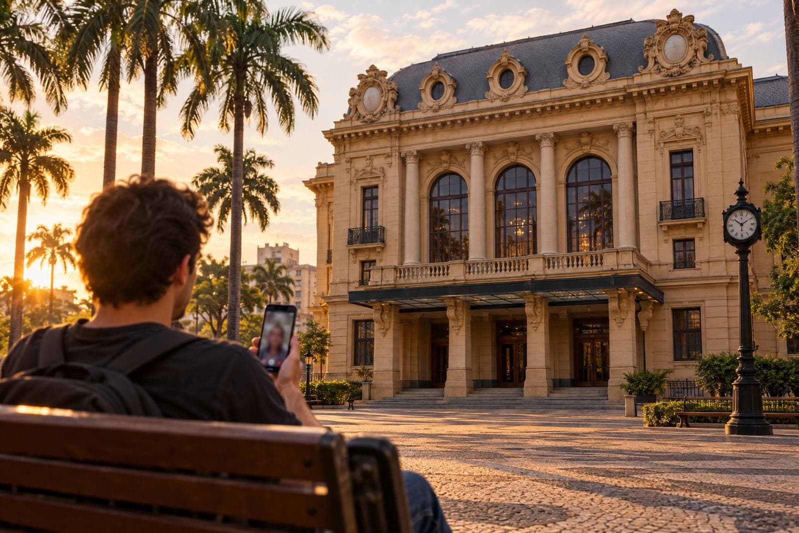 Pessoa em videochamada pelo celular num banco da Praça XV de Novembro, em Ribeirão Preto, com o Theatro Pedro II ao fundo, no fim da tarde