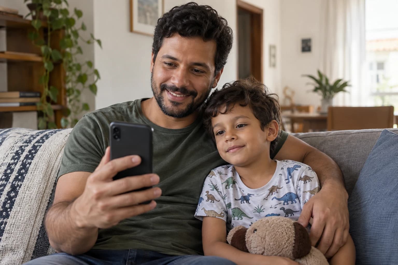 Imagem ilustrativa de um pai acompanhando o filho pequeno em uma consulta pelo celular