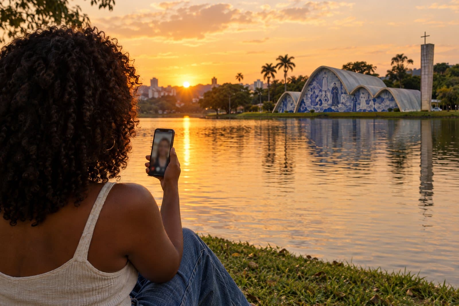Pessoa em videochamada pelo celular na orla da Lagoa da Pampulha, em Belo Horizonte, com a Igreja da Pampulha ao fundo, no pôr do sol
